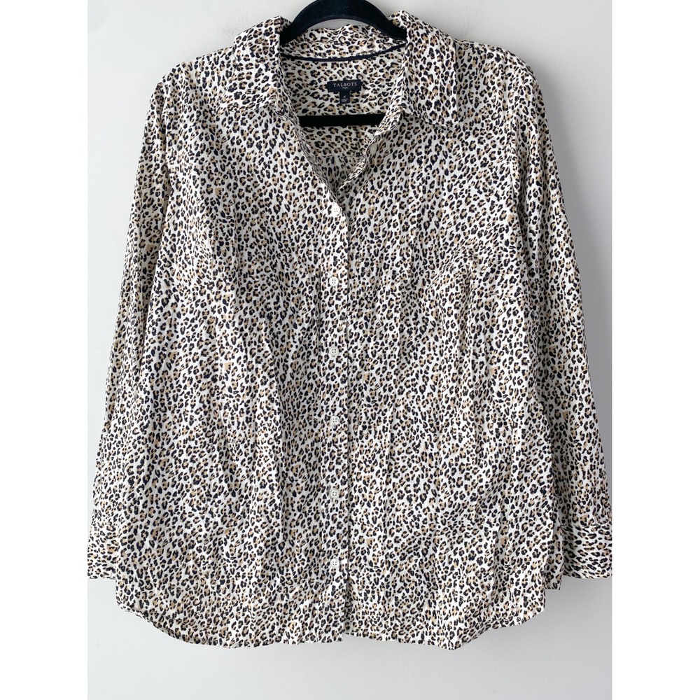 Talbots Plus Womens‎ Leopard Print Button Up Shirt 1X Long Sleeve Collared Top